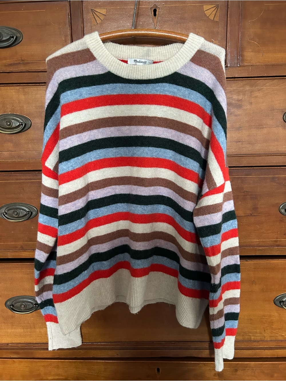 Madewell Multistripe Crewneck Sweater in Red, Blue, Green, Brown and Cream